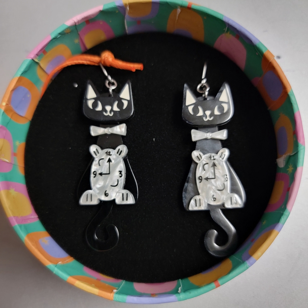 Whimsical Cat Clock Earrings in Black and White